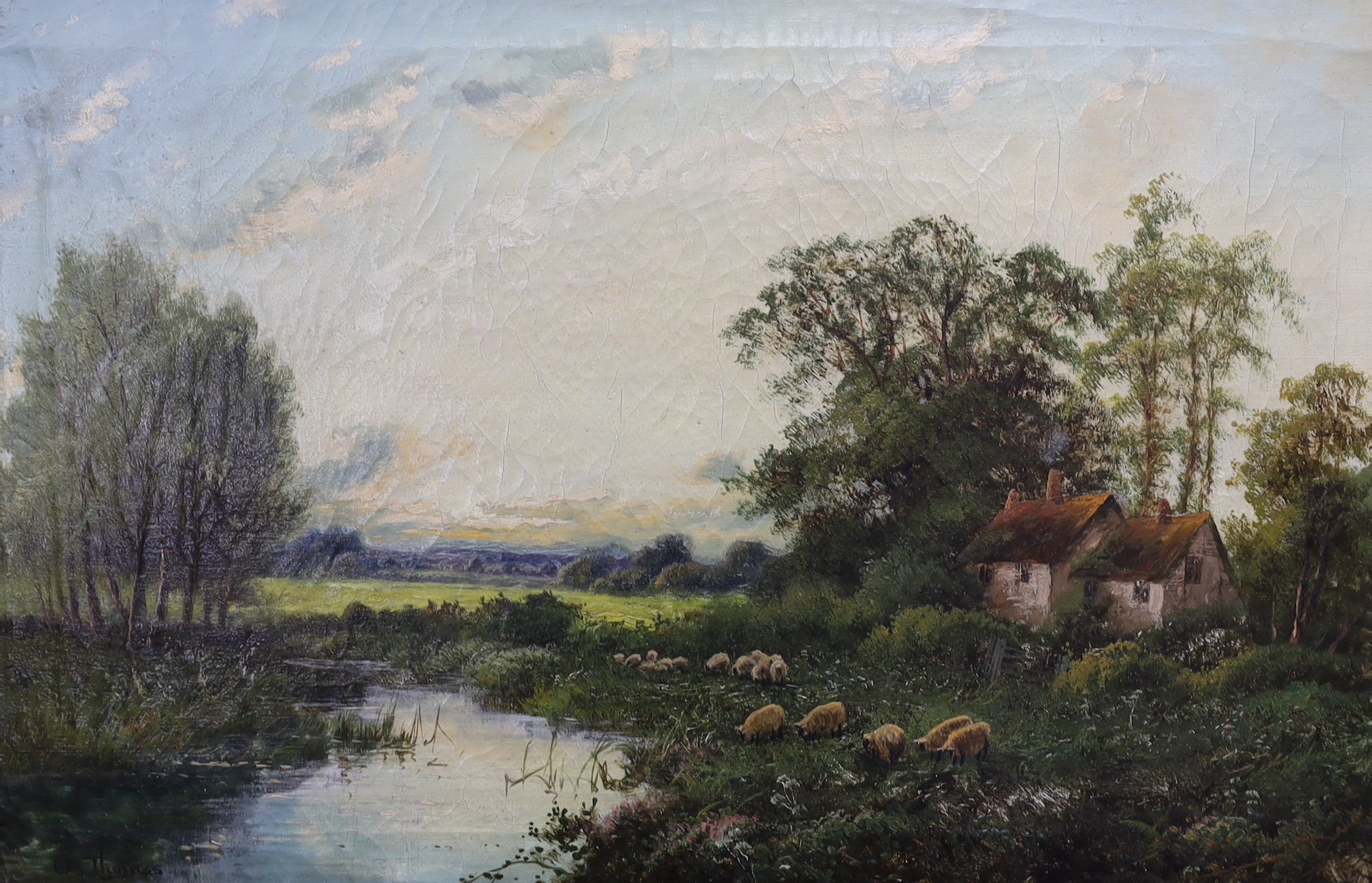 Octavius Thomas (Clark), pair of oils on canvas, River landscapes with sheep and hay barge, signed, 40 x 60cm